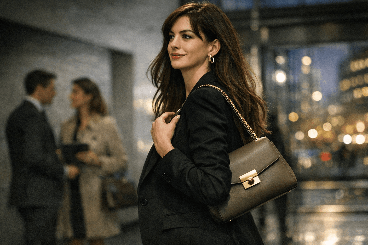 Anne Hathaway’s DeMellier shoulder bag makes a polished office-ready statement