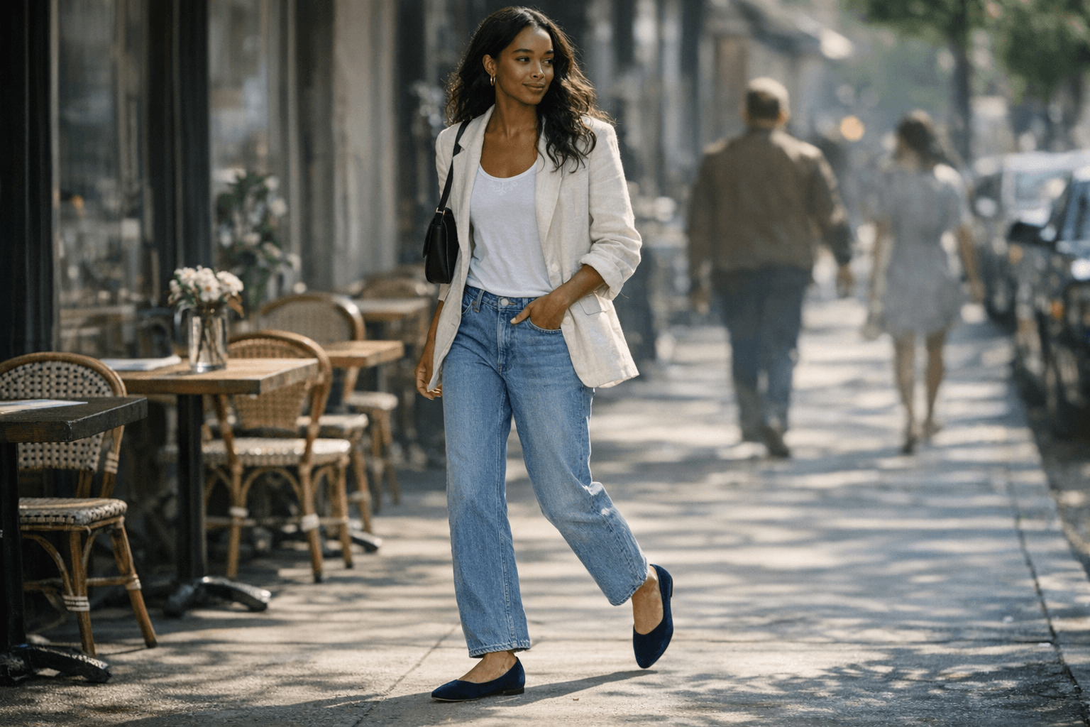 Laura Harrier Makes Navy Velvet Flats Look Spring-Ready with Relaxed Jeans