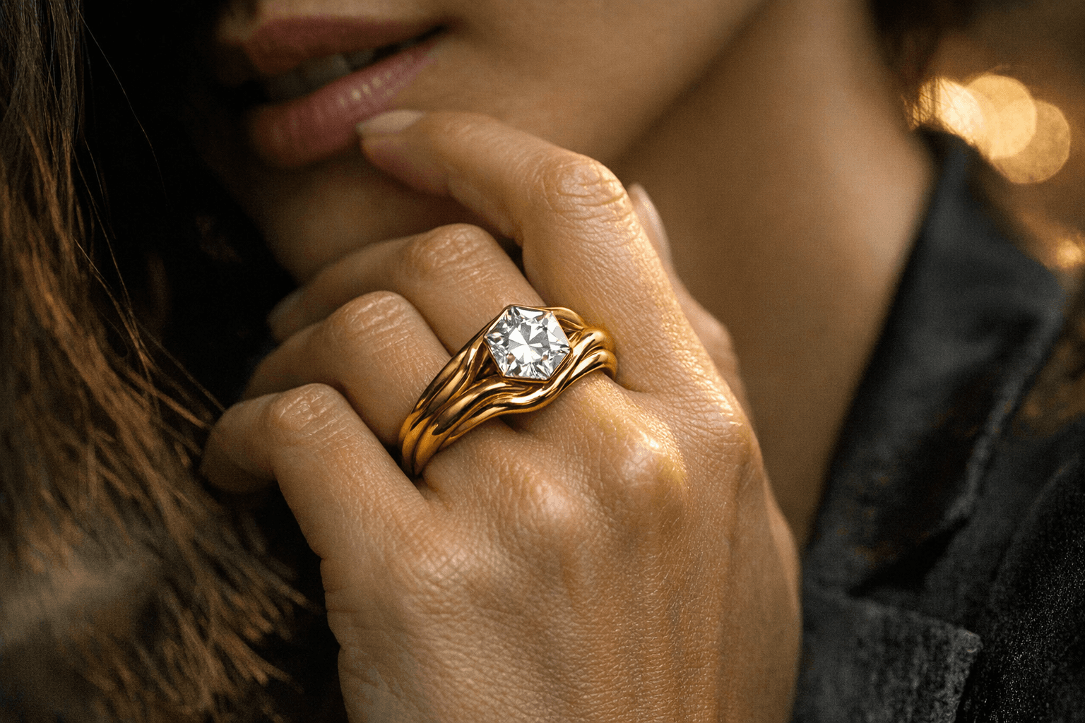 Calms Jewelry’s Ripple ring pairs heptagonal diamond with sculptural gold
