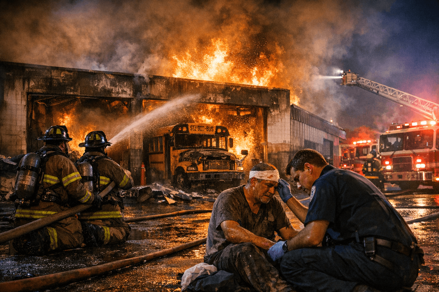 Accidental two-alarm fire damages city schools transportation garage, one injured