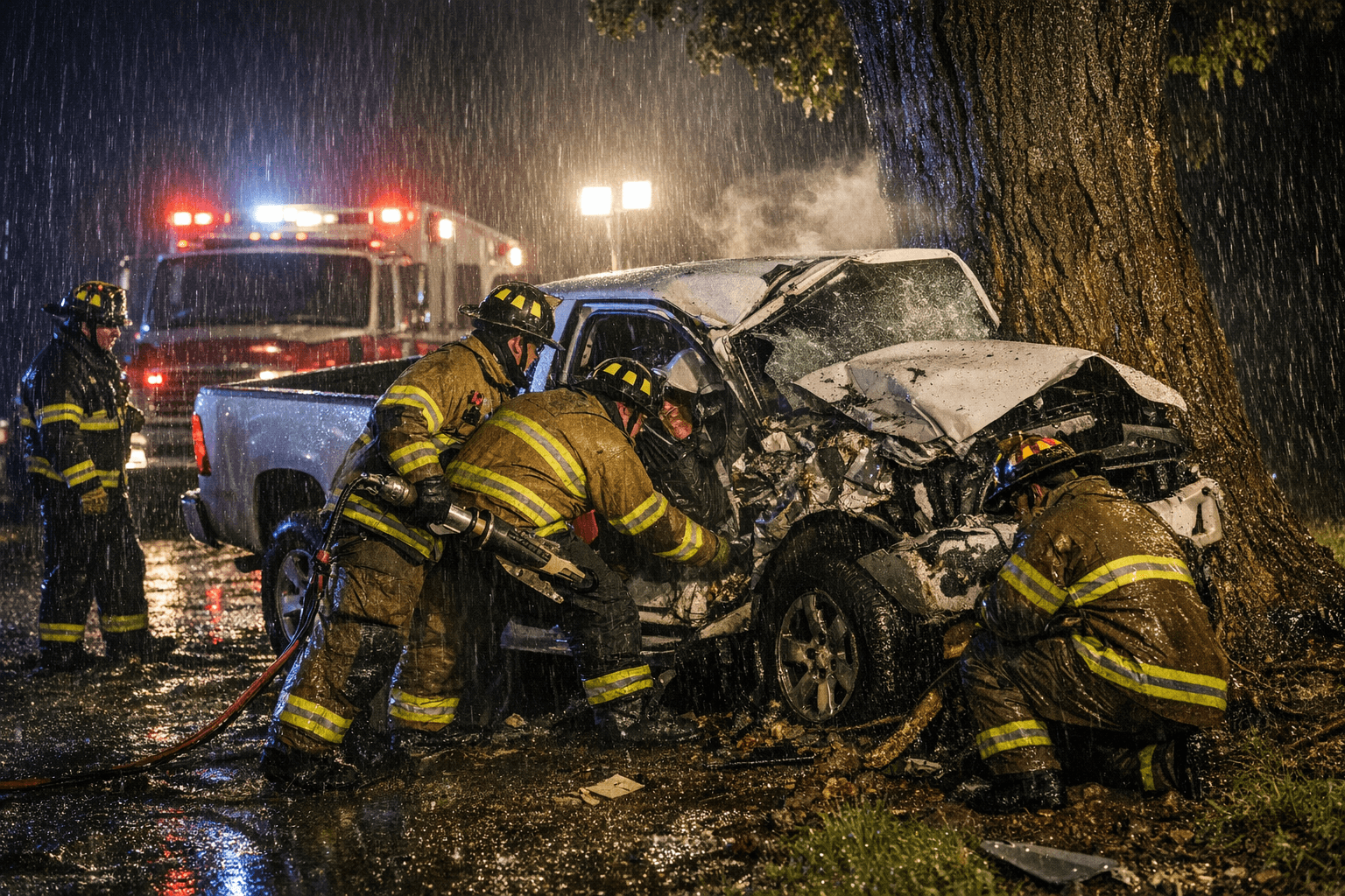 Driver trapped in Howells crash after truck strikes tree in rain