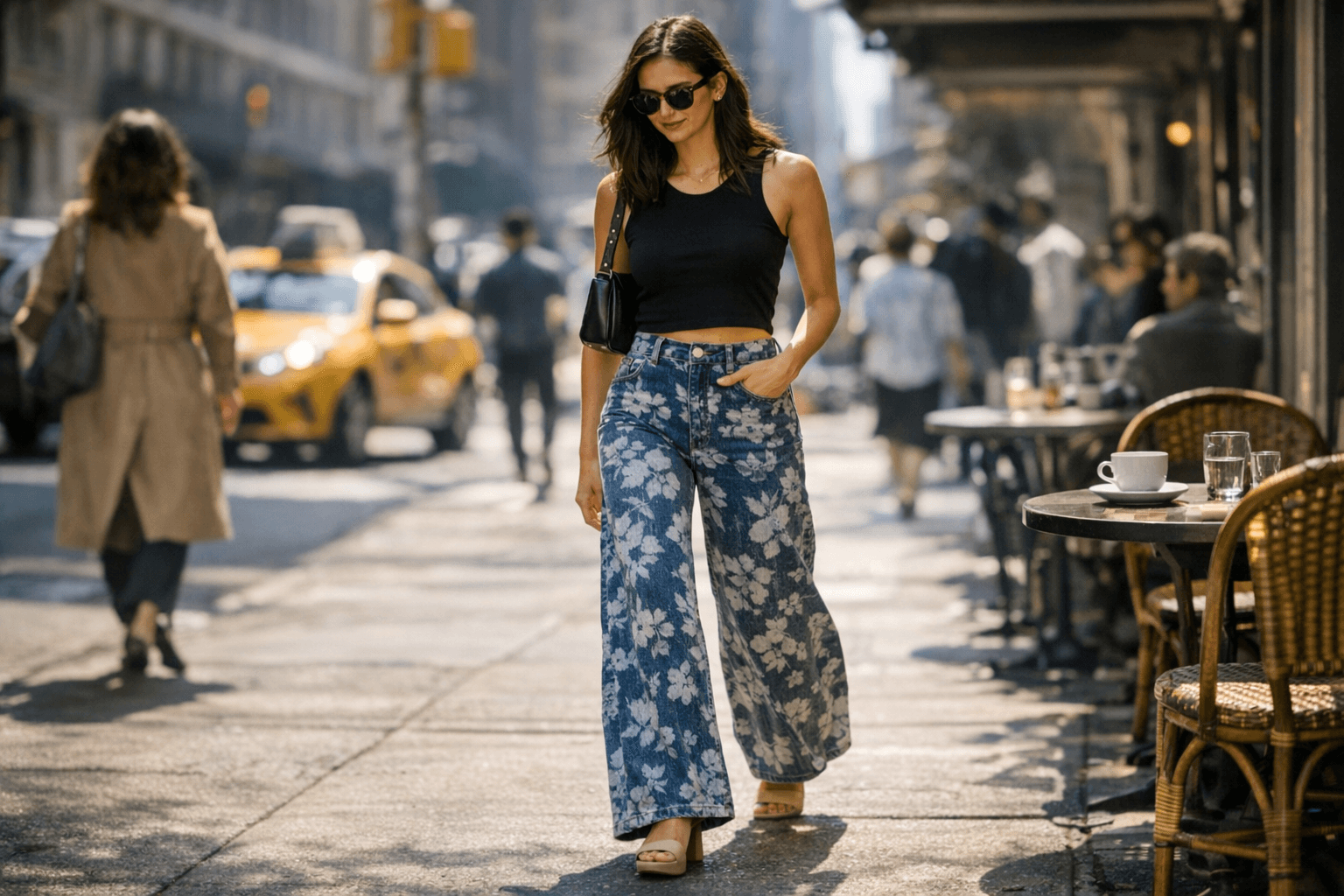 Nina Dobrev's patterned wide-leg jeans make petite spring dressing easier