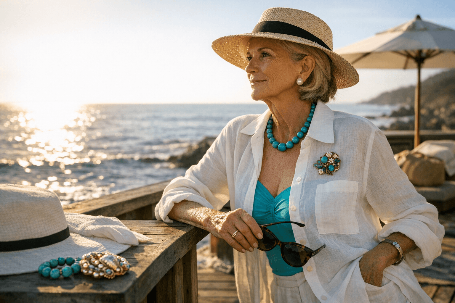 Coastal Grandmother Style Returns With Linen Sets, Turquoise, and Brooches