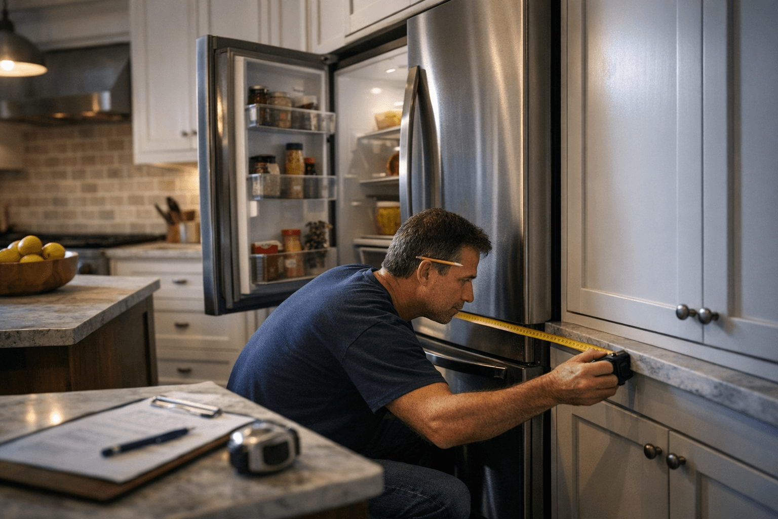 מקרר בקו הארונות: איך בוחרים מקרר בעומק דלפק בלי לטעות במדידות