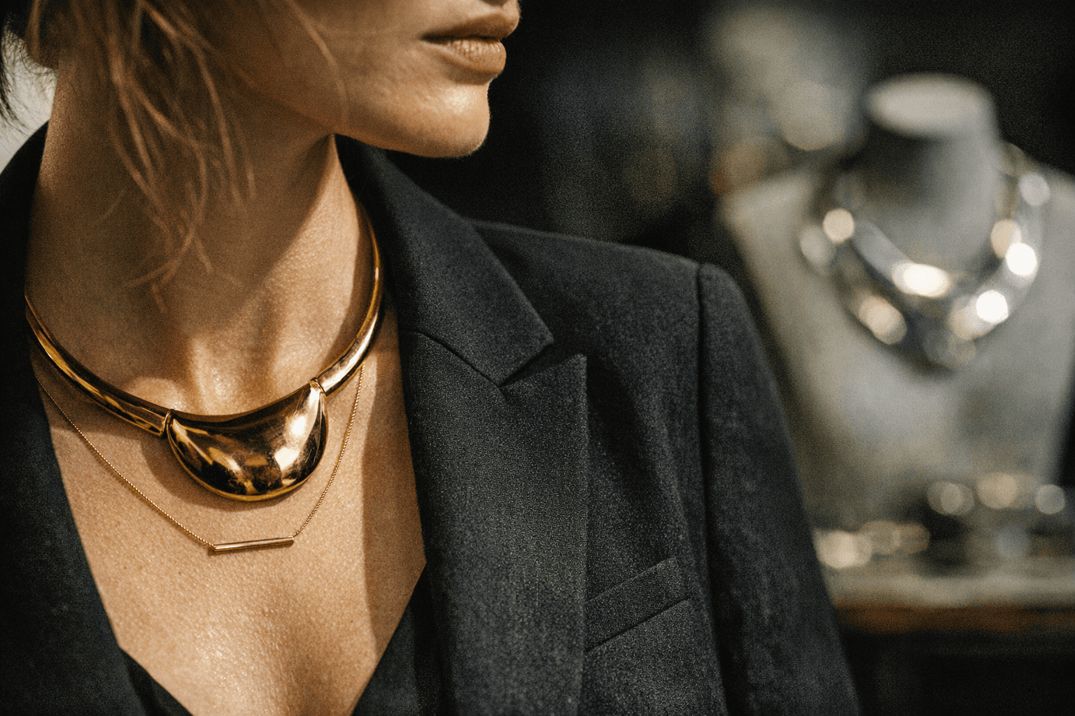 Minimalist necklaces return to favor, bold collars and sculptural pendants lead
