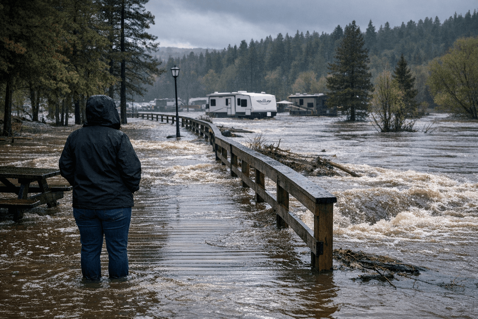 Floodwater reaches Klint Safford Memorial RV Park boardwalk in Iron County