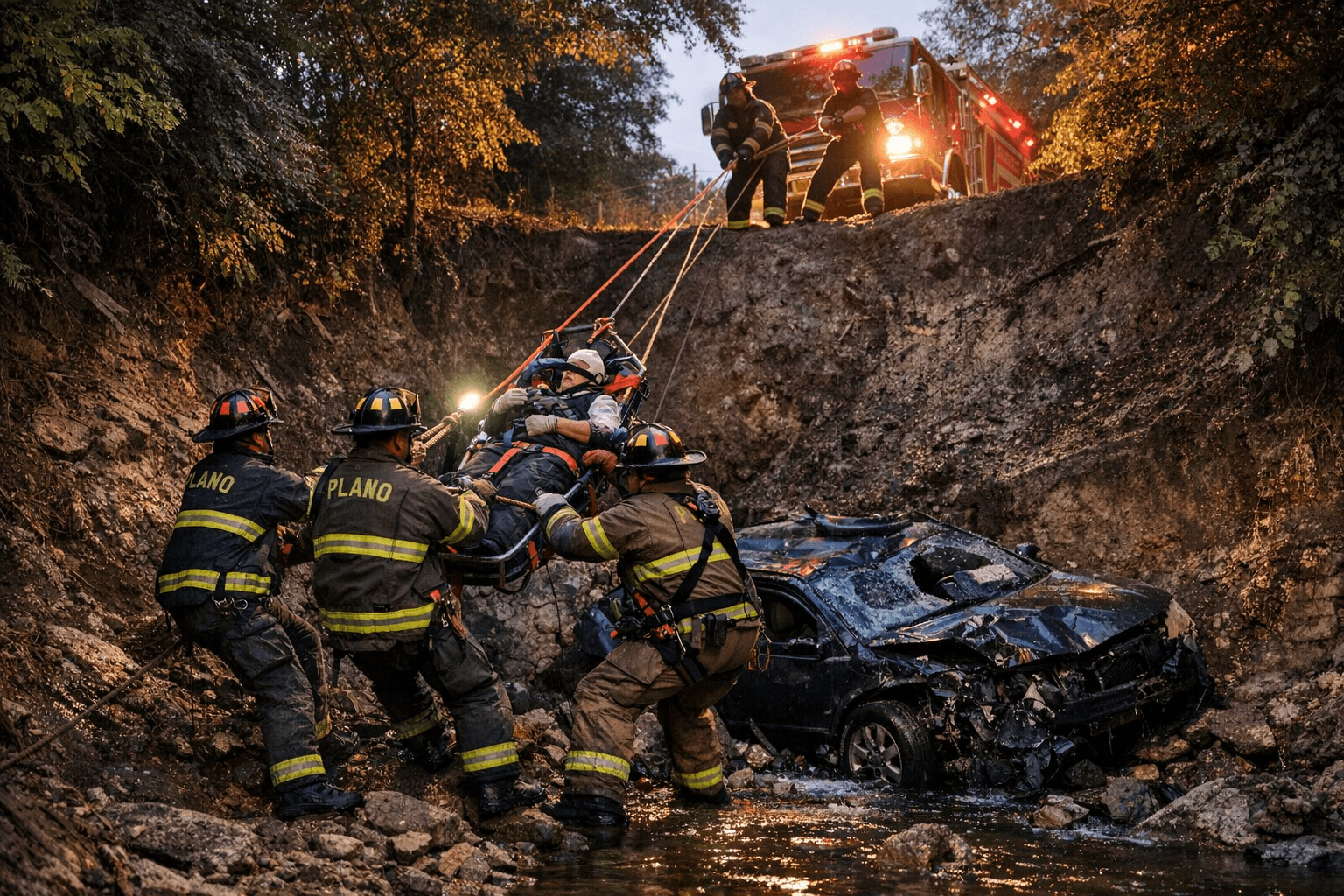 Plano firefighters rescue driver after car plunges into creek bed