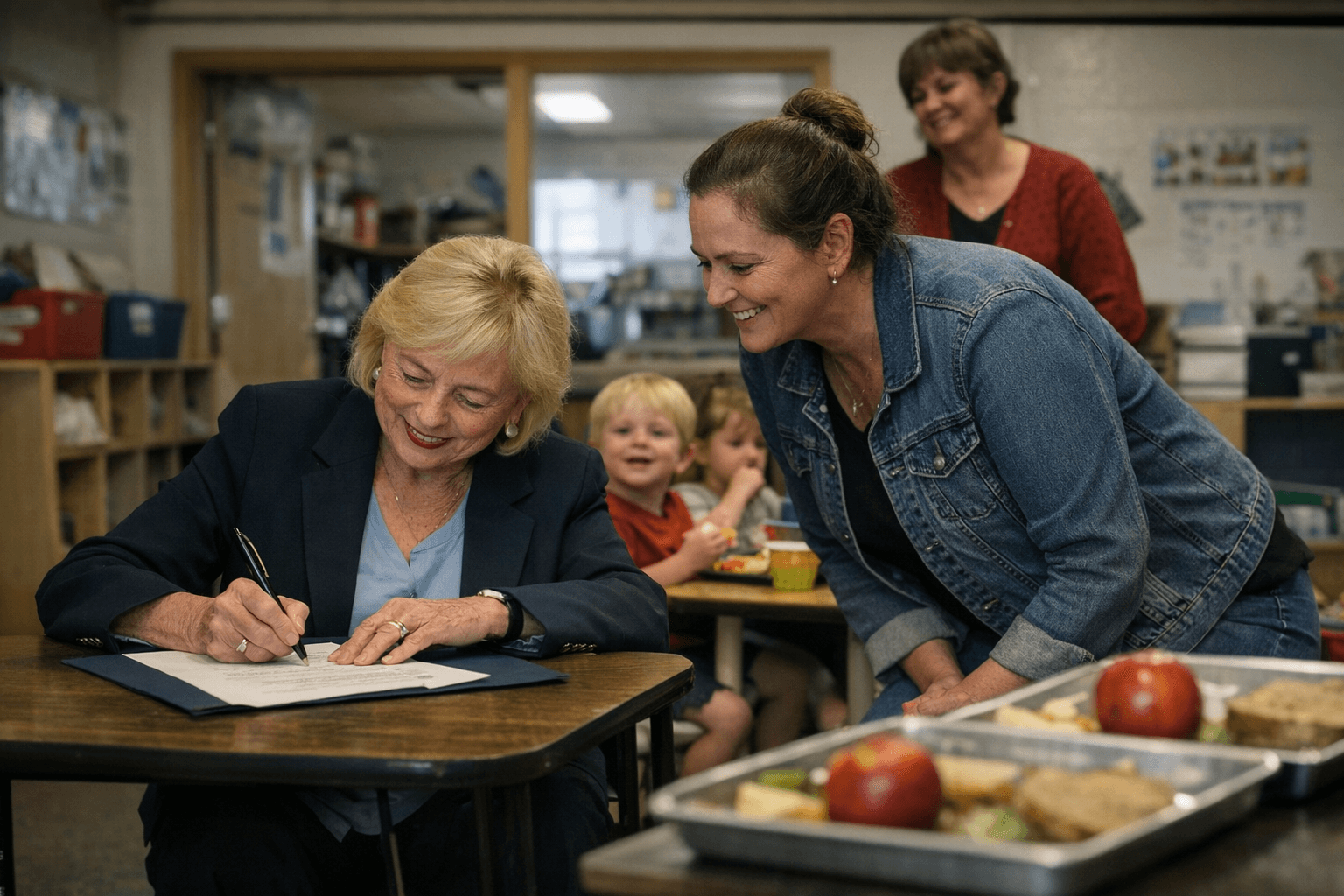Mills signs Apple Act in Brunswick, expands free meals for preschoolers