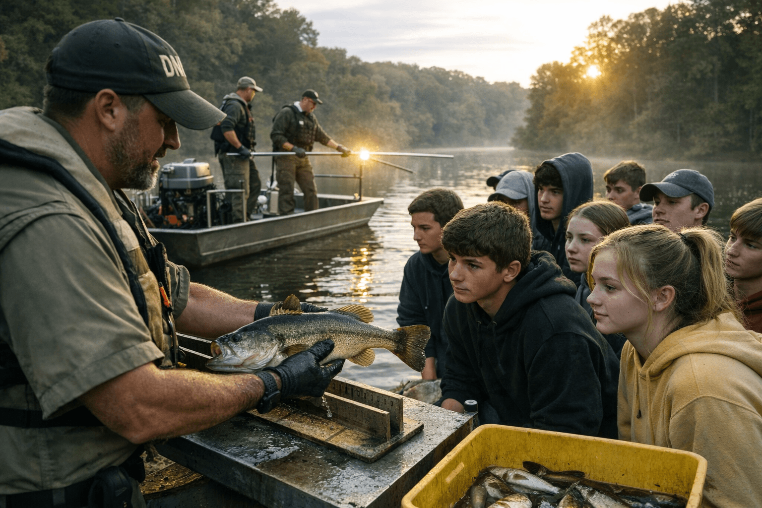 Jasper High students learn DNR fish surveying at Huntingburg Lake
