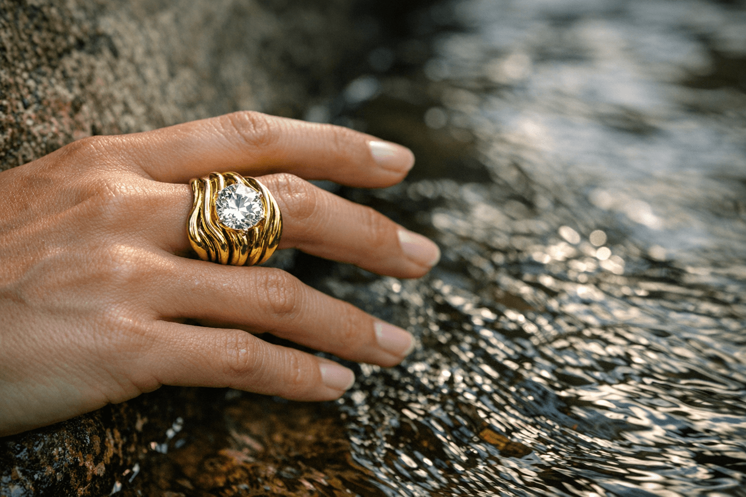 Calms Jewelry’s Ripple ring channels moving water in gold and diamond