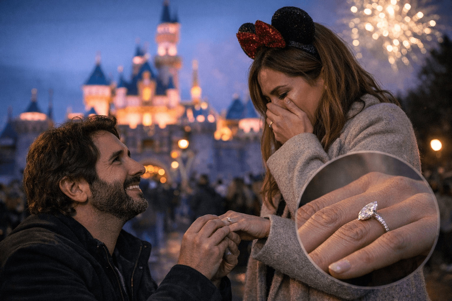 Josh Groban proposes at Disneyland with custom marquise diamond ring