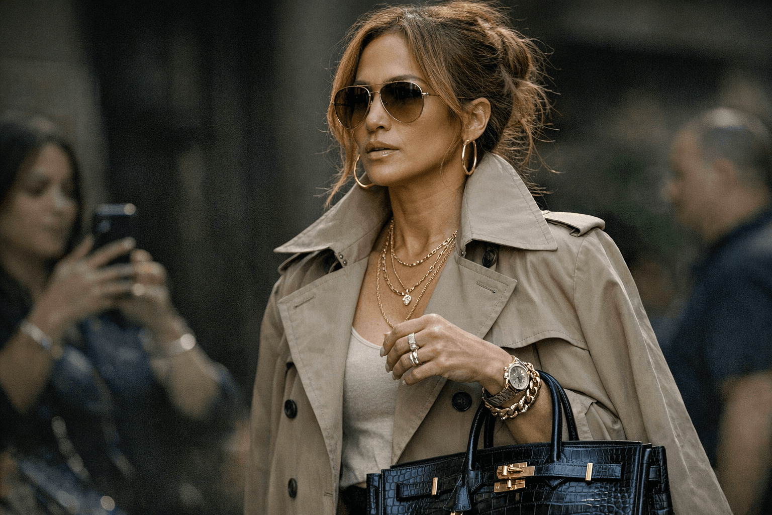 Jennifer Lopez layers delicate jewelry with trench coat and Hermès Birkin