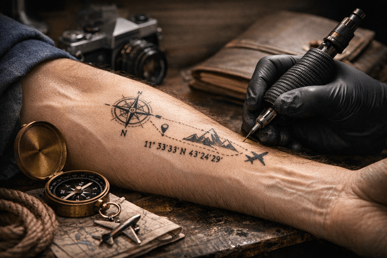 Geometric travel tattoos turn coordinates, compasses, and routes into memory marks