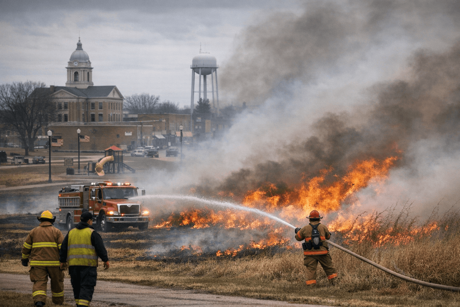 Wind pushes out-of-control grassland burn south of Storm Lake, crews respond