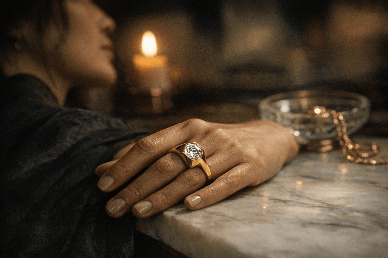 Calms Jewelry’s sculptural gold ring centers a heptagonal lab-grown diamond