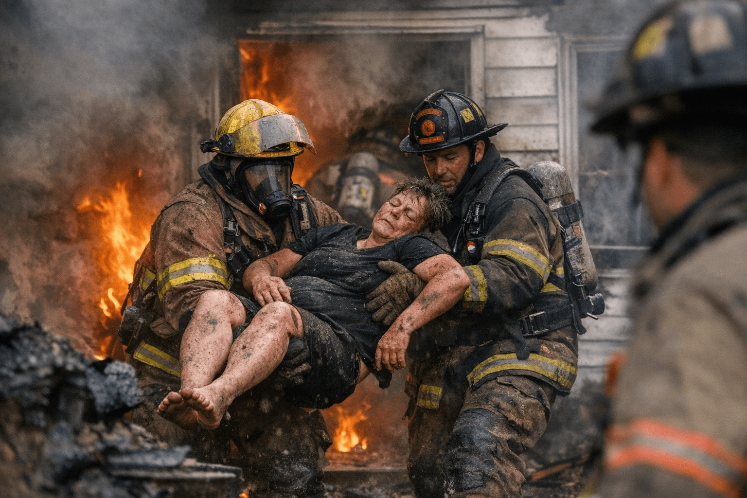 Rescuers Pull Person from Burning House in Dramatic Video Capture