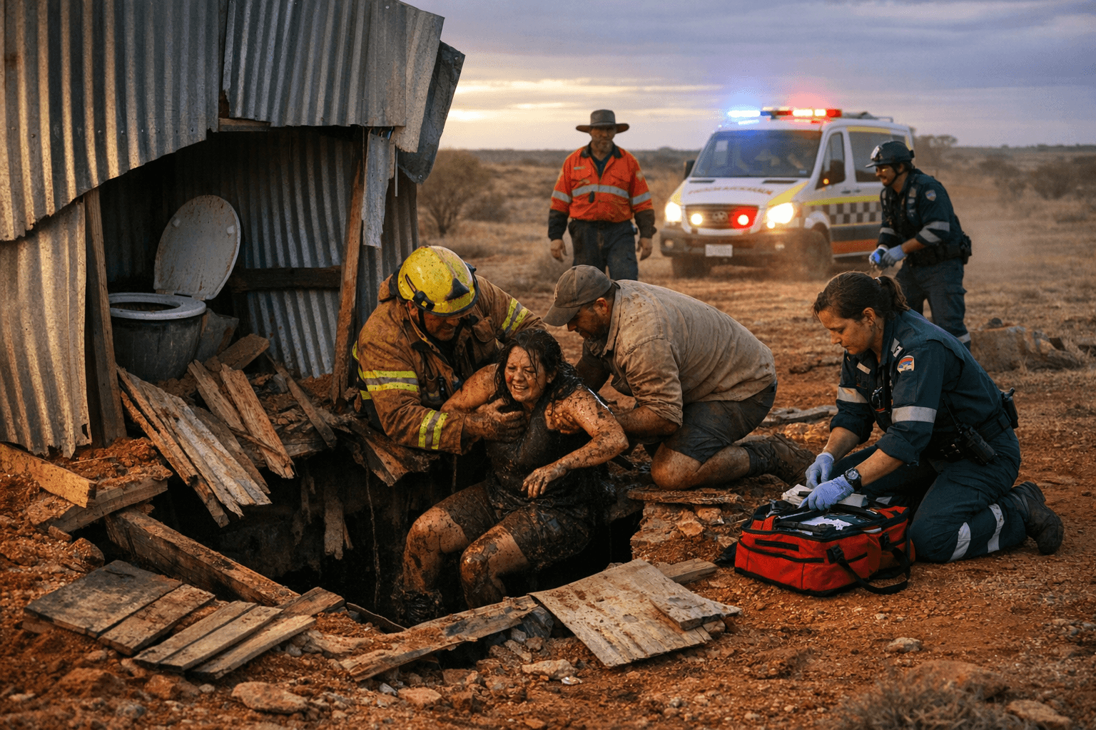 Woman rescued after pit latrine collapses at Australian outback reserve