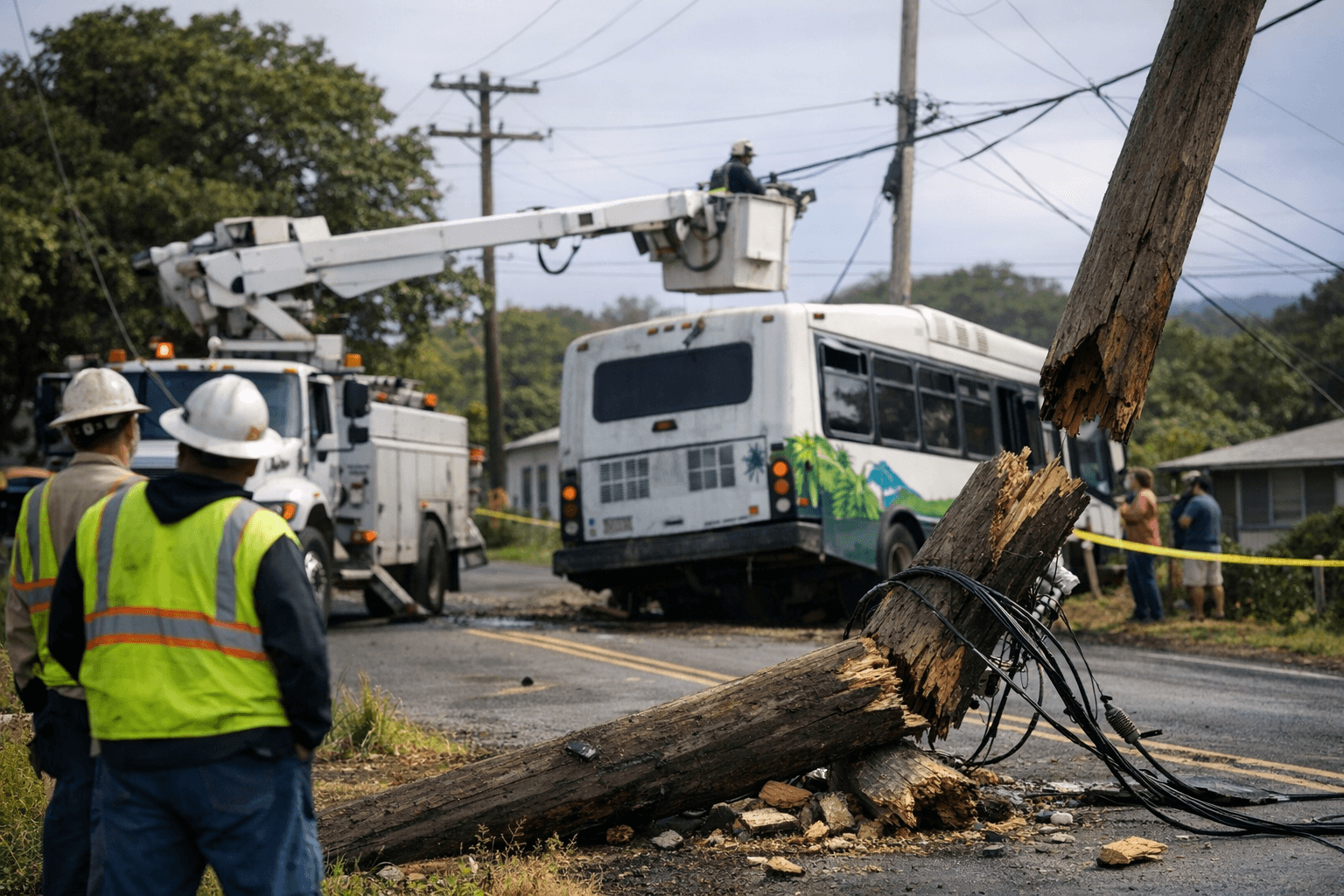 Hele-On bus rolls backward in Pāhala, shears utility pole in half