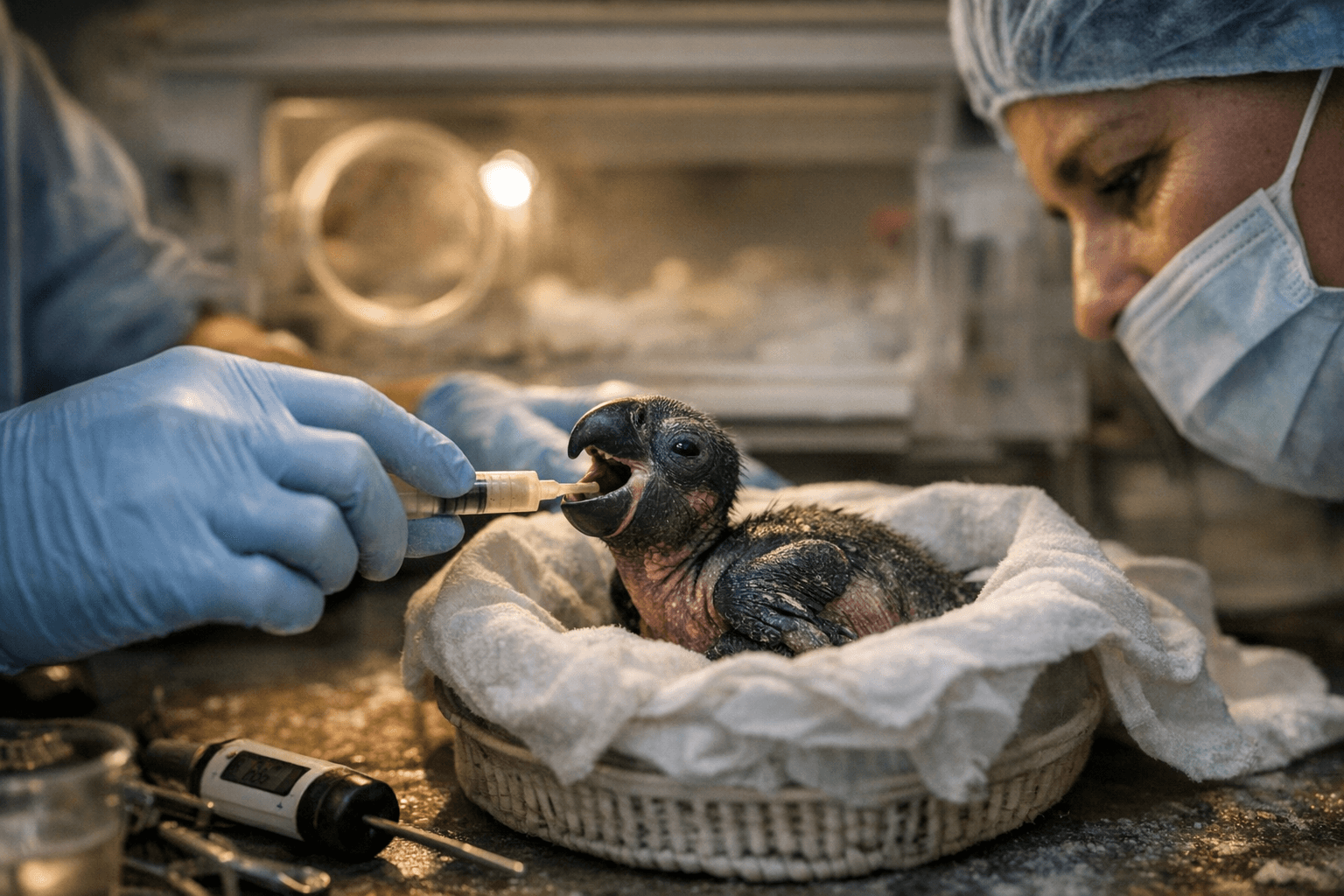 Experts at The Nest nurture newborn black palm cockatoo from Australia