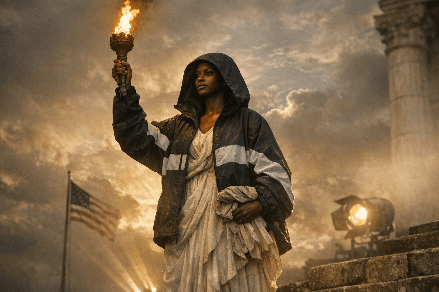 Gabriel Moses Teases Corteiz Hooded Windbreaker With Cinematic Torch Lady Rework