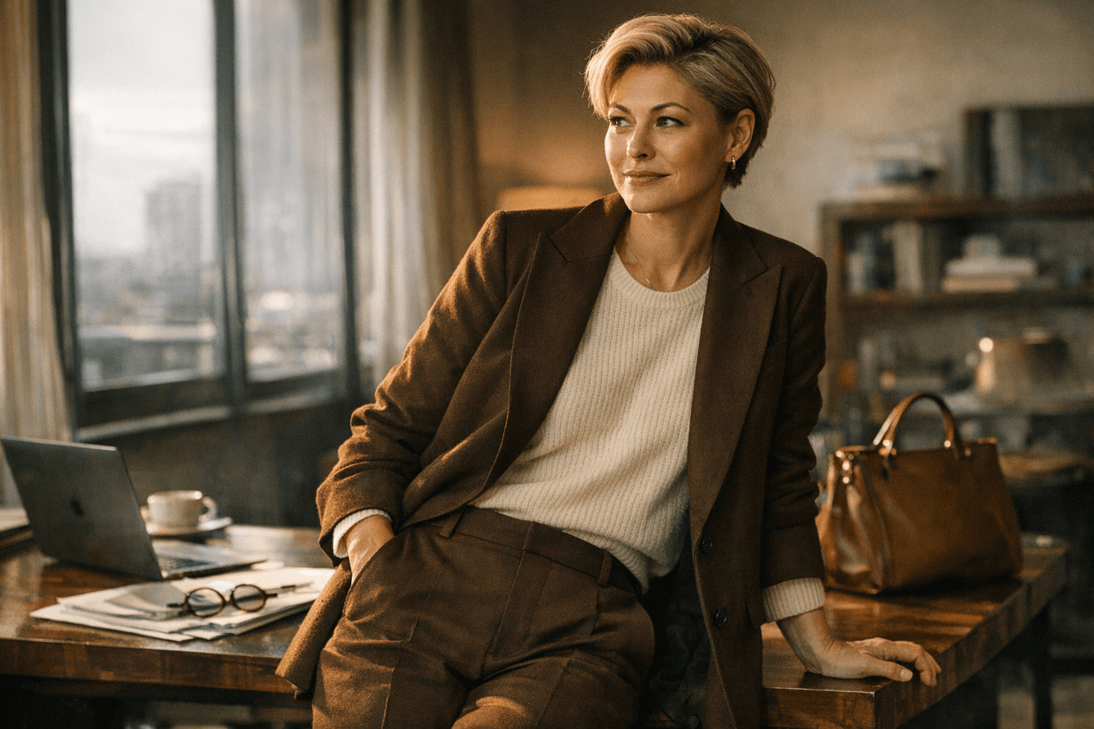 Emma Willis’s polished spring office look swaps black for warm brown tones