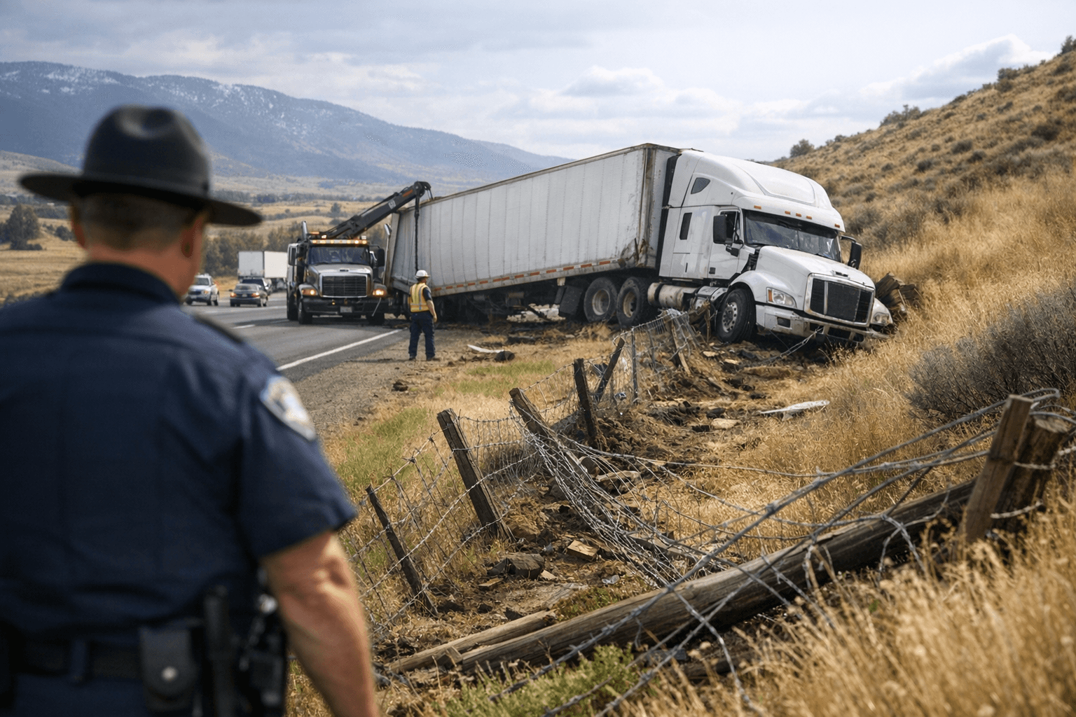 Truck jackknifes on I-84 near Baker City, damages fence, driver cited