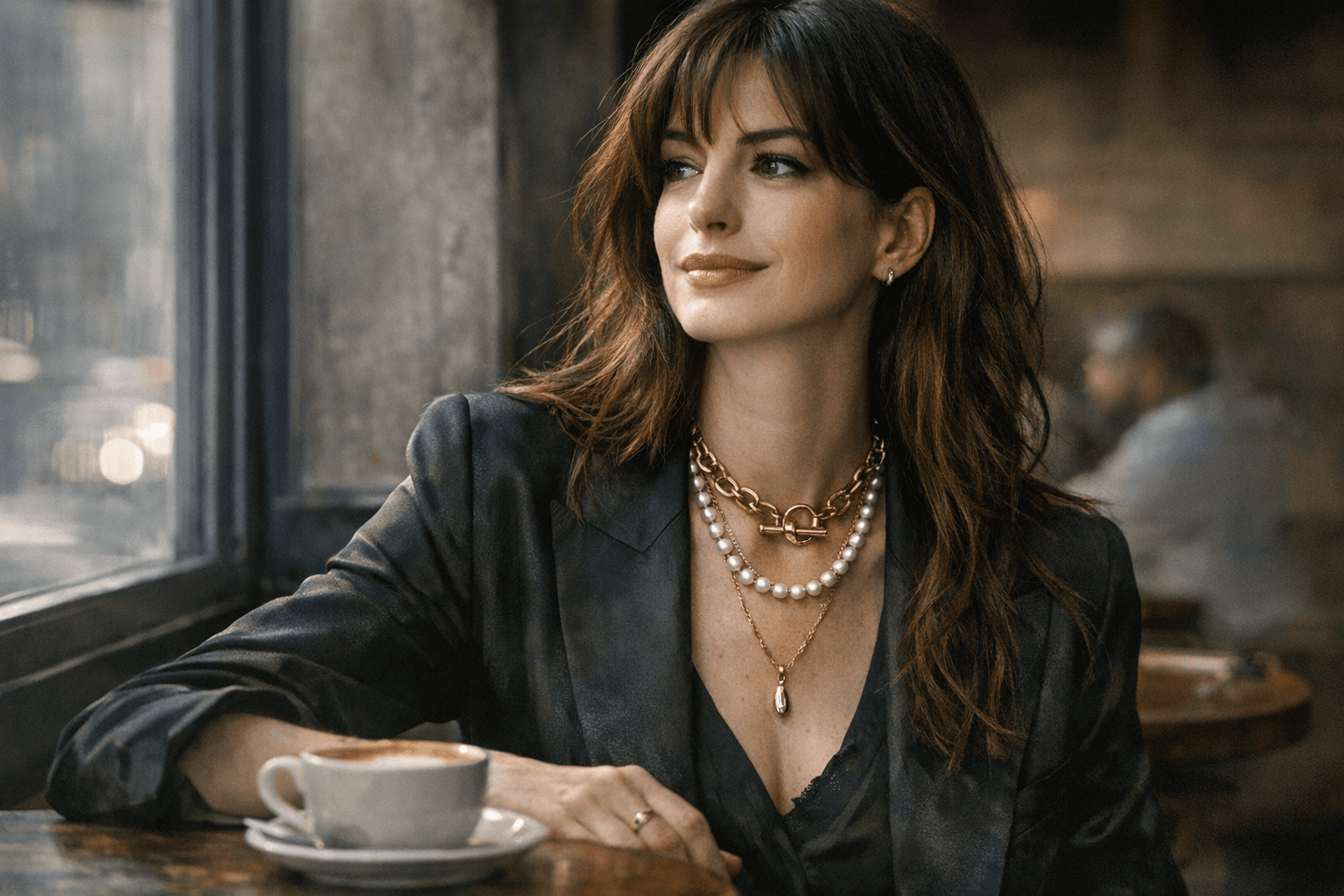 Anne Hathaway’s layered necklaces inspire affordable T-bar toggle looks