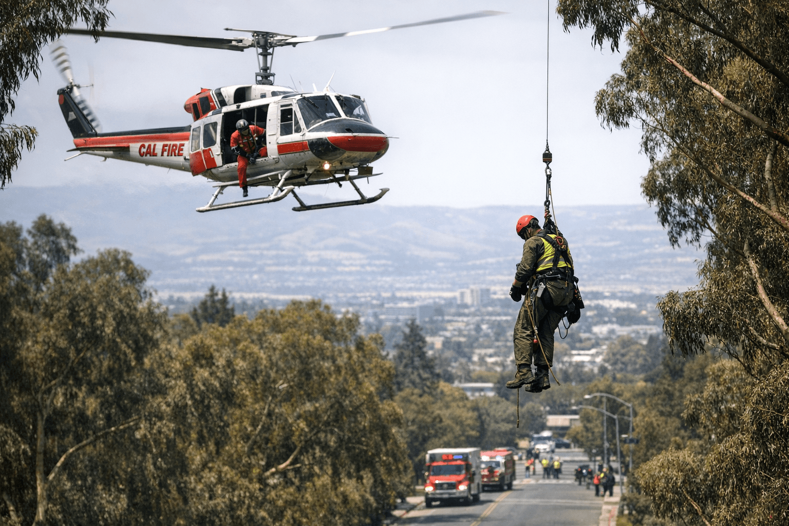Cal Fire helicopter rescues tree worker dangling 75 feet above San Jose street