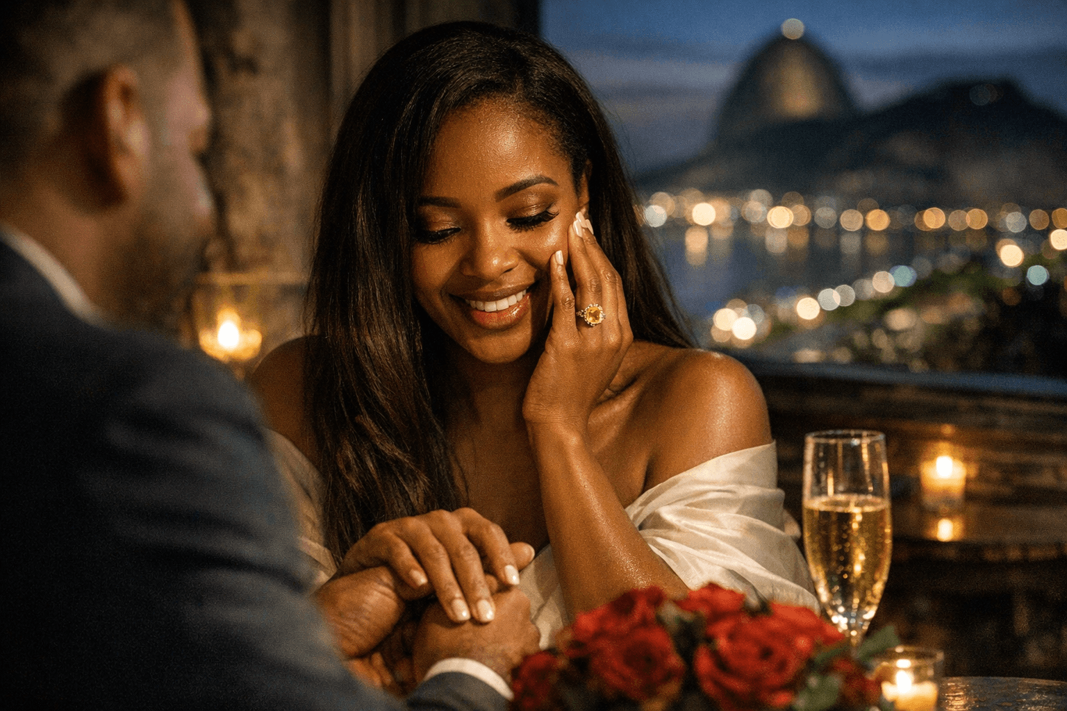 Faith Mangope shows canary-yellow diamond ring after Brazil proposal