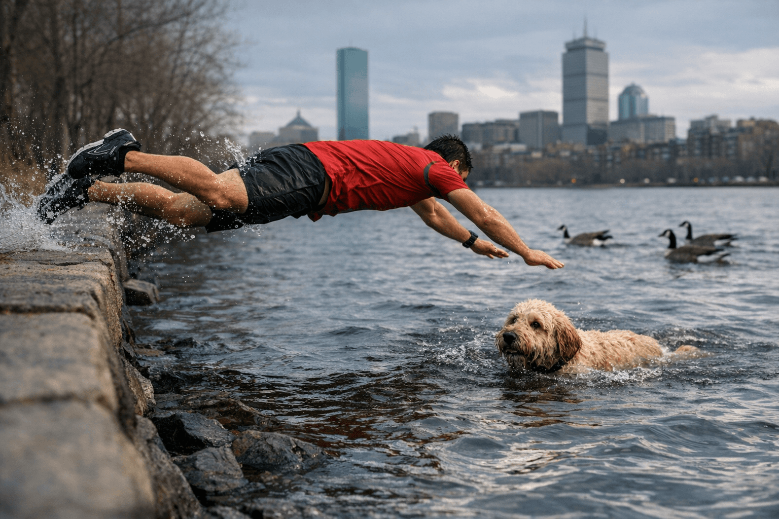 Runner leaps into Charles River after goldendoodle chases geese, goes adrift