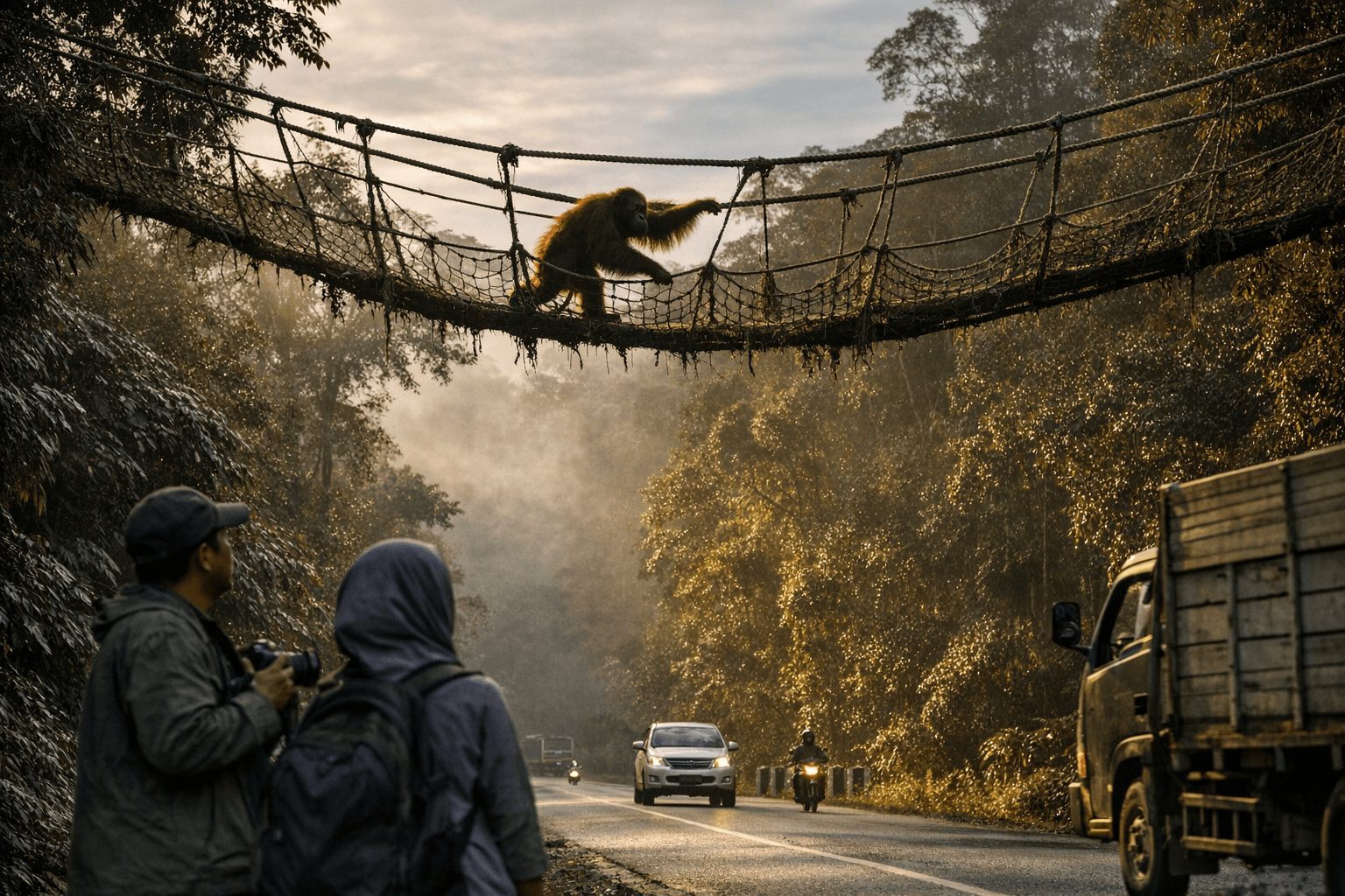 Canopy bridge lets Sumatran orangutan cross road for first time