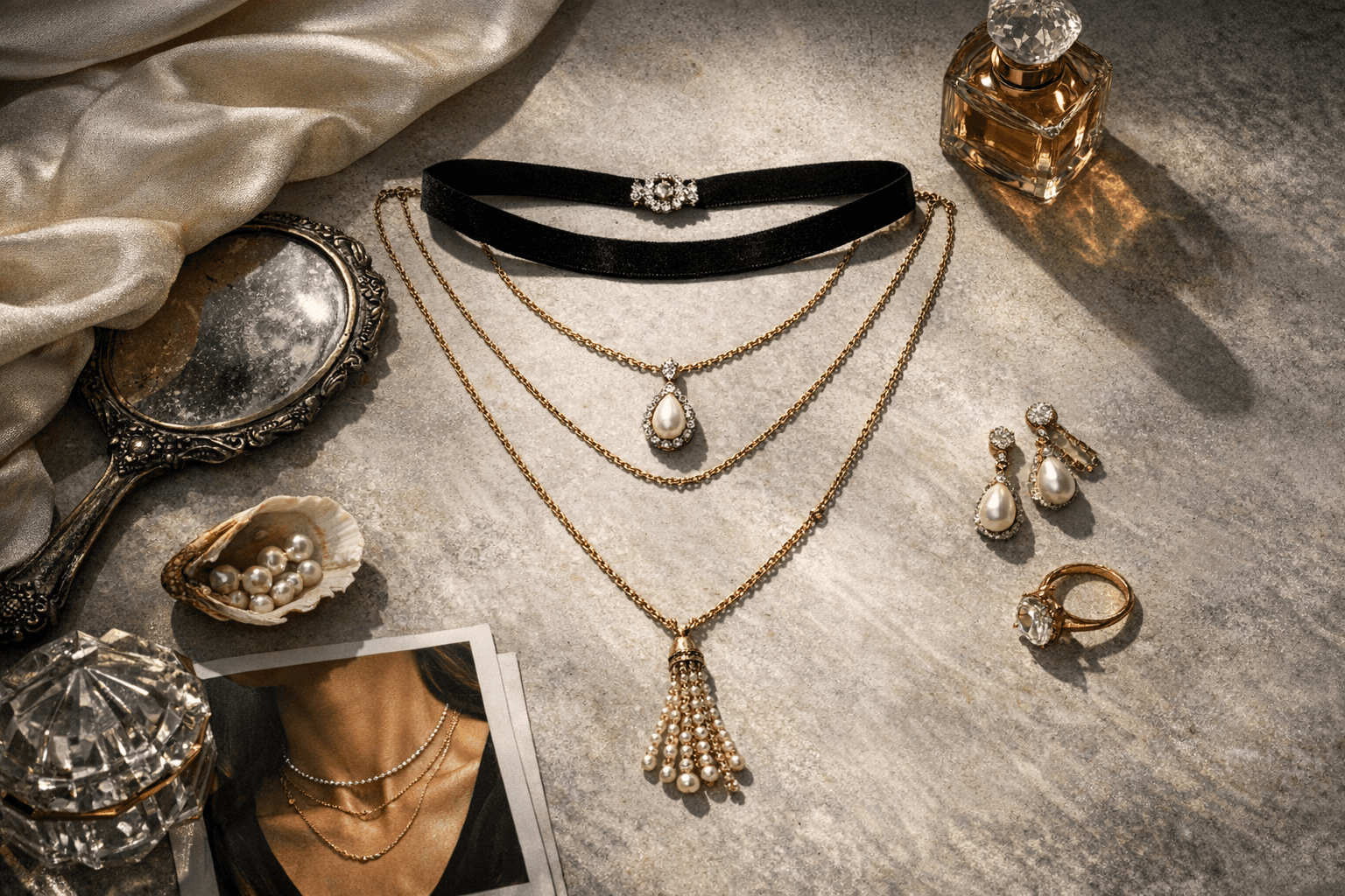 Neckollatage defines the necklace zone, favoring chokers and long sautoirs