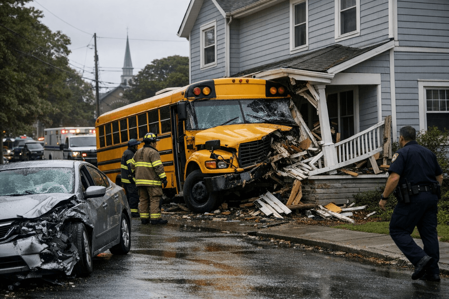 School bus crashes onto Huntington home porch, causing damage