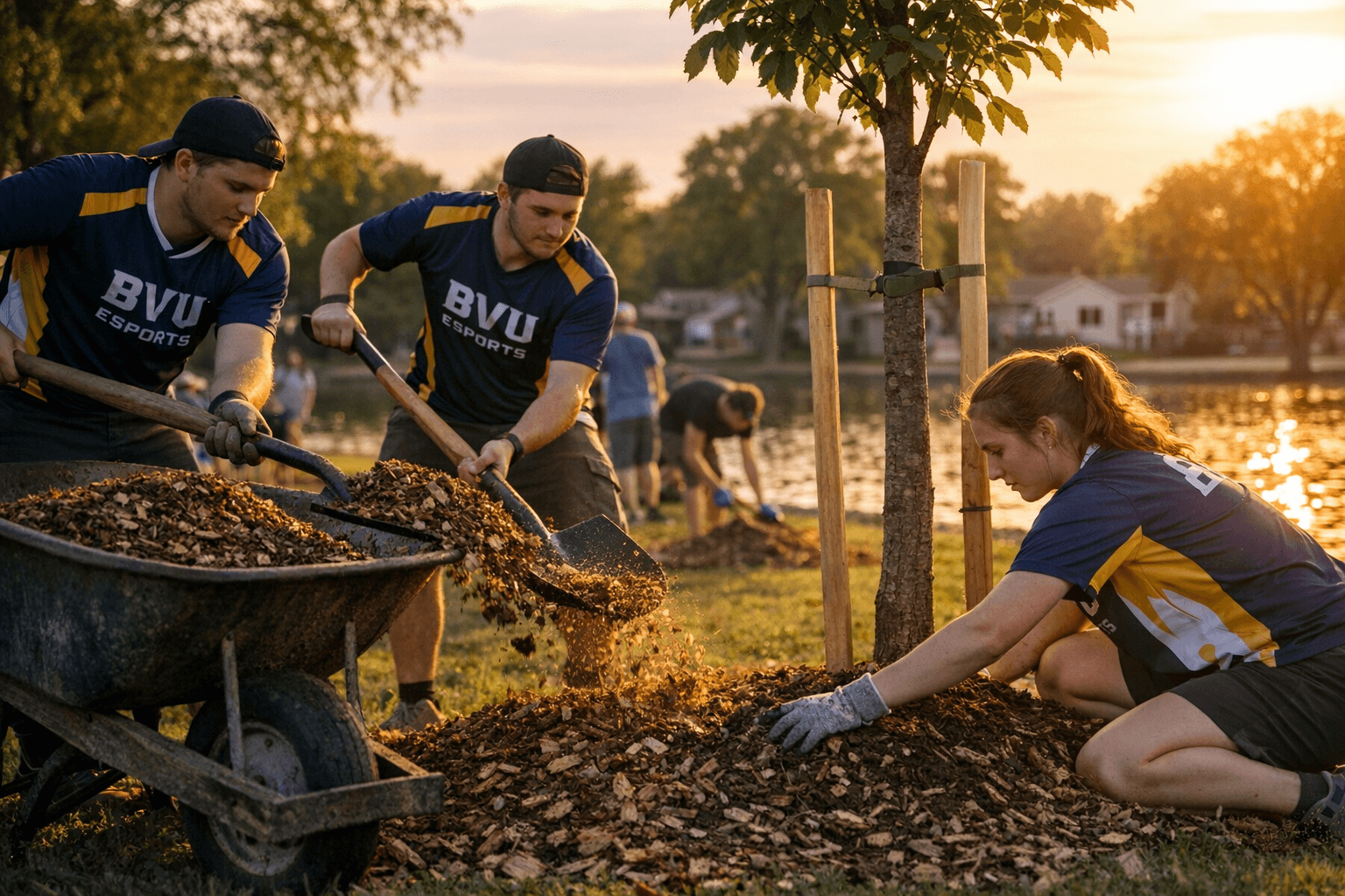 BVU Esports helps mulch trees during Buenafication Day in Storm Lake parks