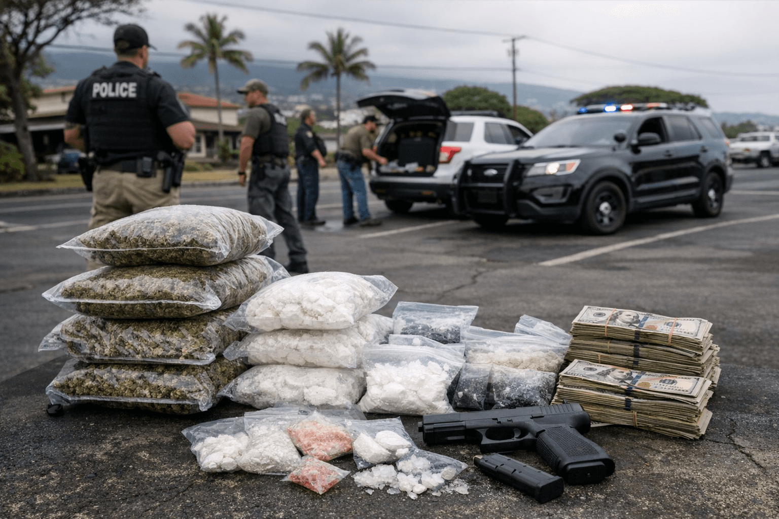 Multi-agency bust in Kona uncovers cocaine, meth, gun, cash, marijuana