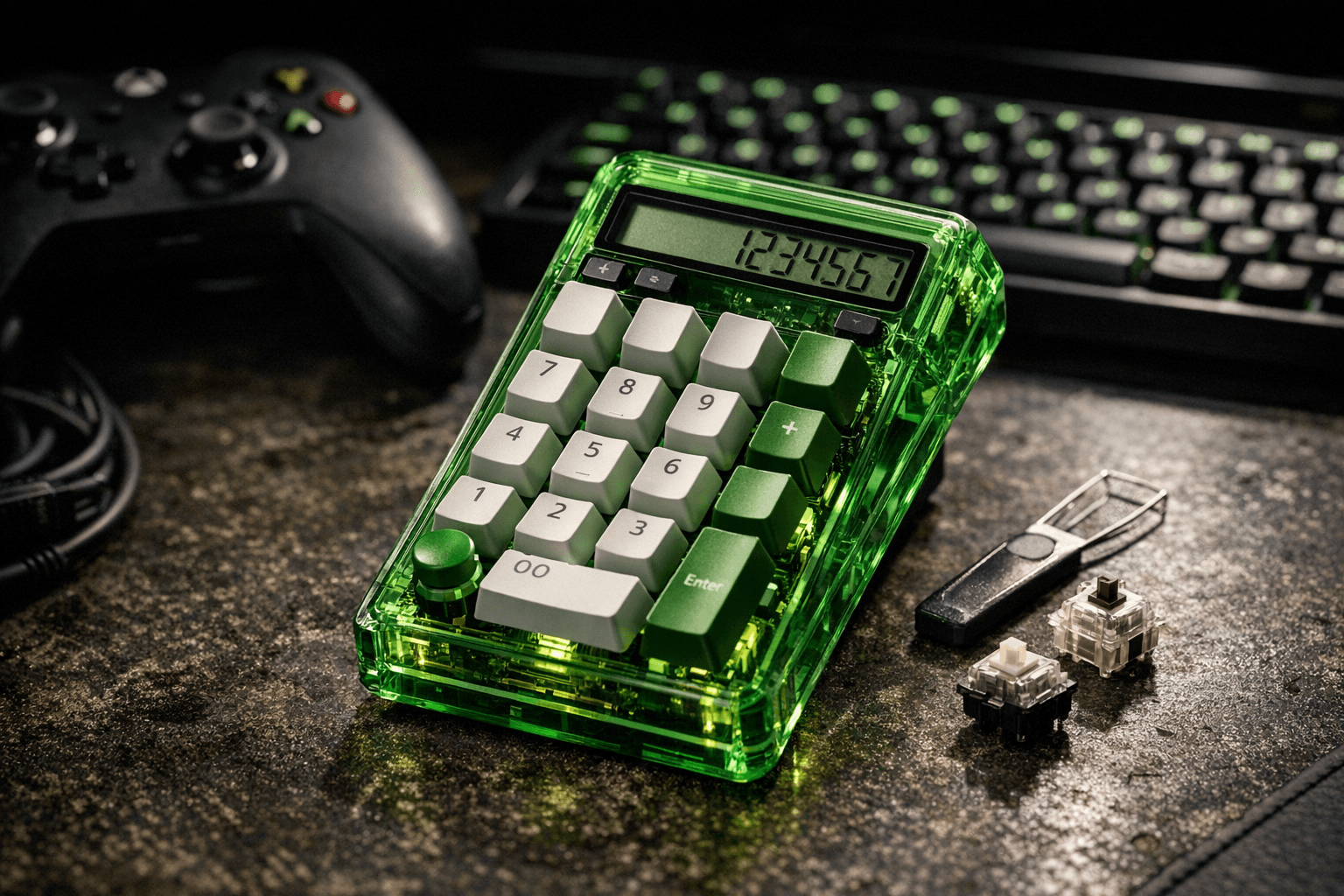 8BitDo unveils transparent green Xbox-inspired mechanical numpad with calculator display
