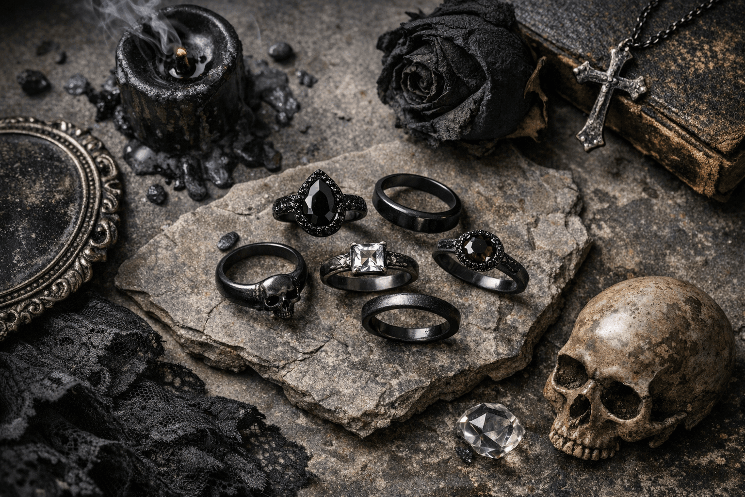 Black Rhodium and Oxidized Silver Rings Revive Gothic Minimalism