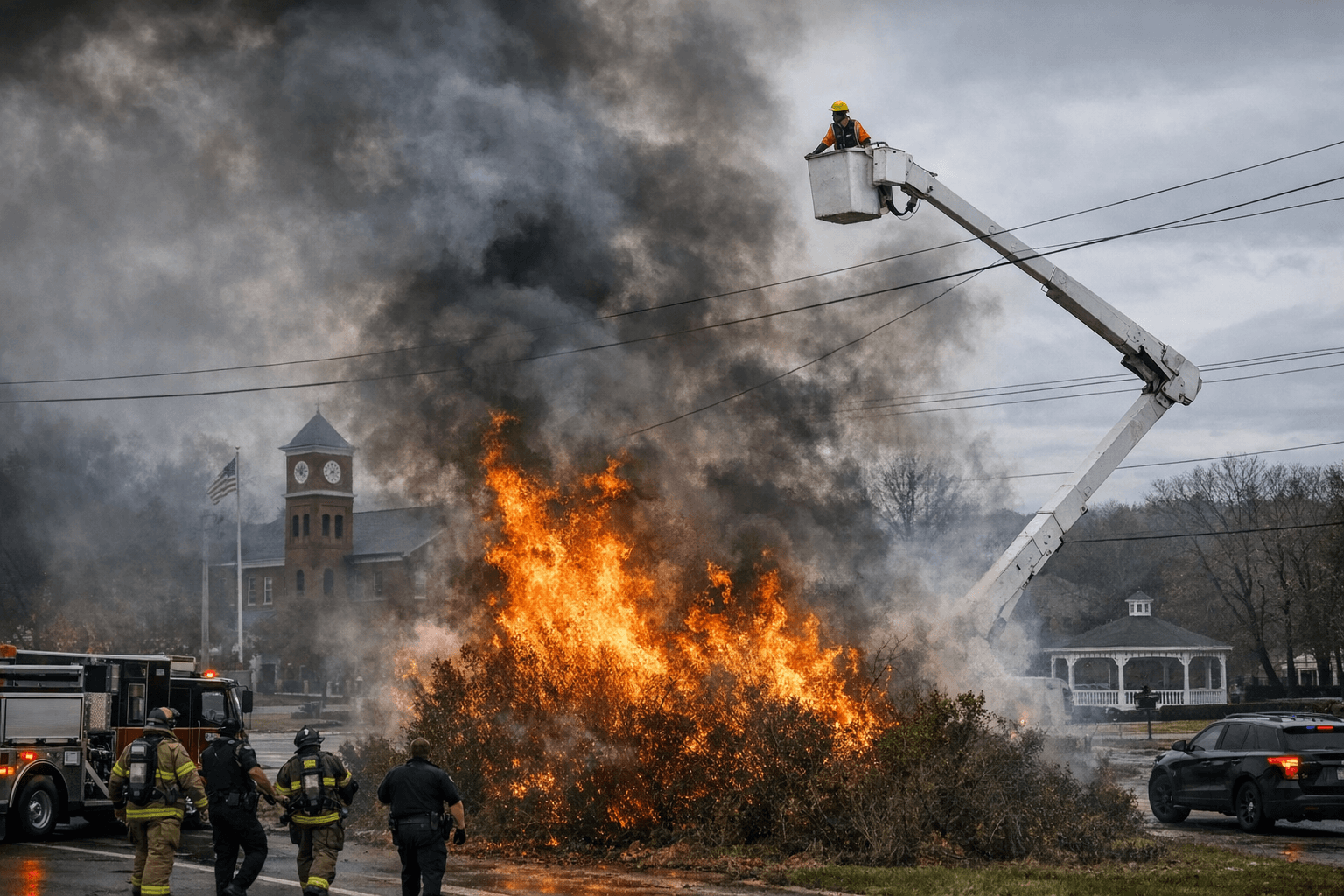 Spring Hill brush fire traps worker in cherry picker above flames