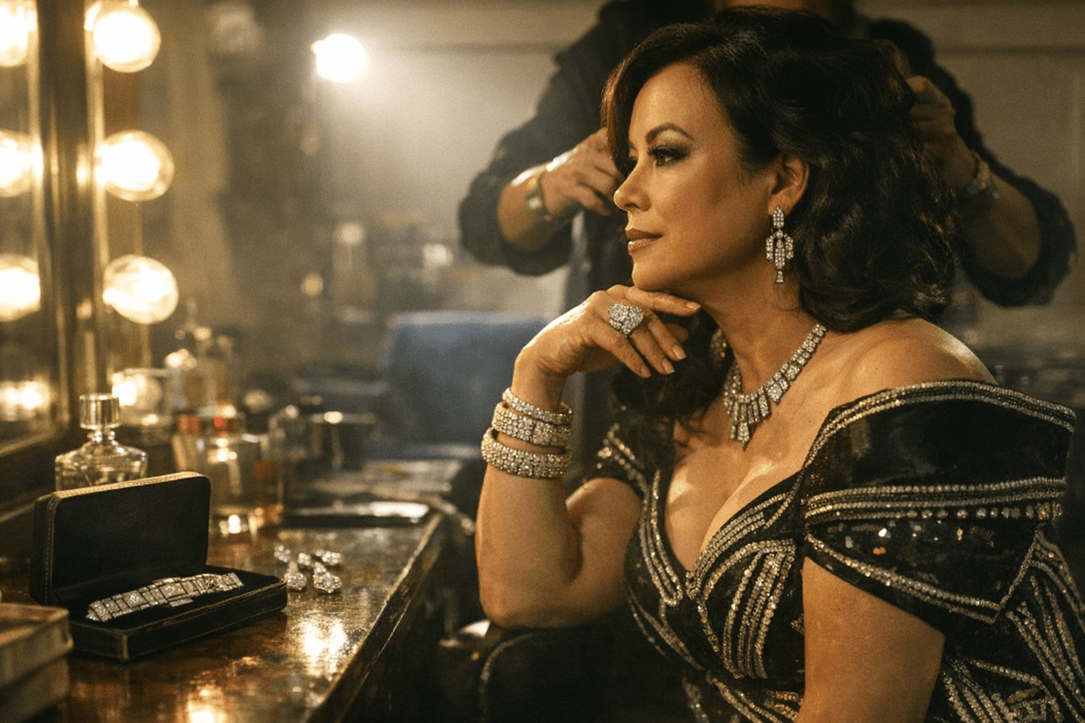Jennifer Tilly’s Balmain reunion look spotlights Art Deco diamonds and Bulgari bracelets