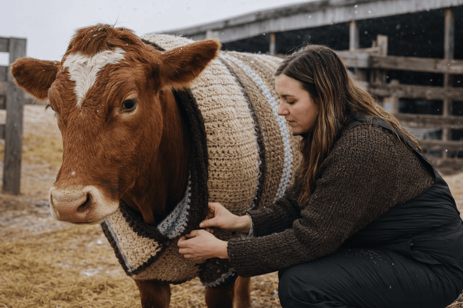 Alberta farmer crochets custom sweaters for cows, turning farm life cozy