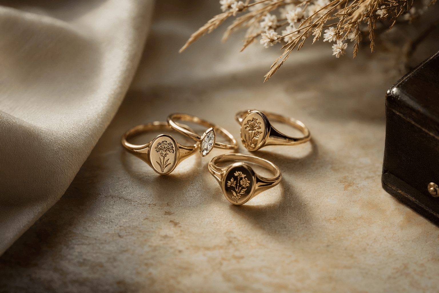 Birth flowers and signet rings reset birthstone jewelry in gold