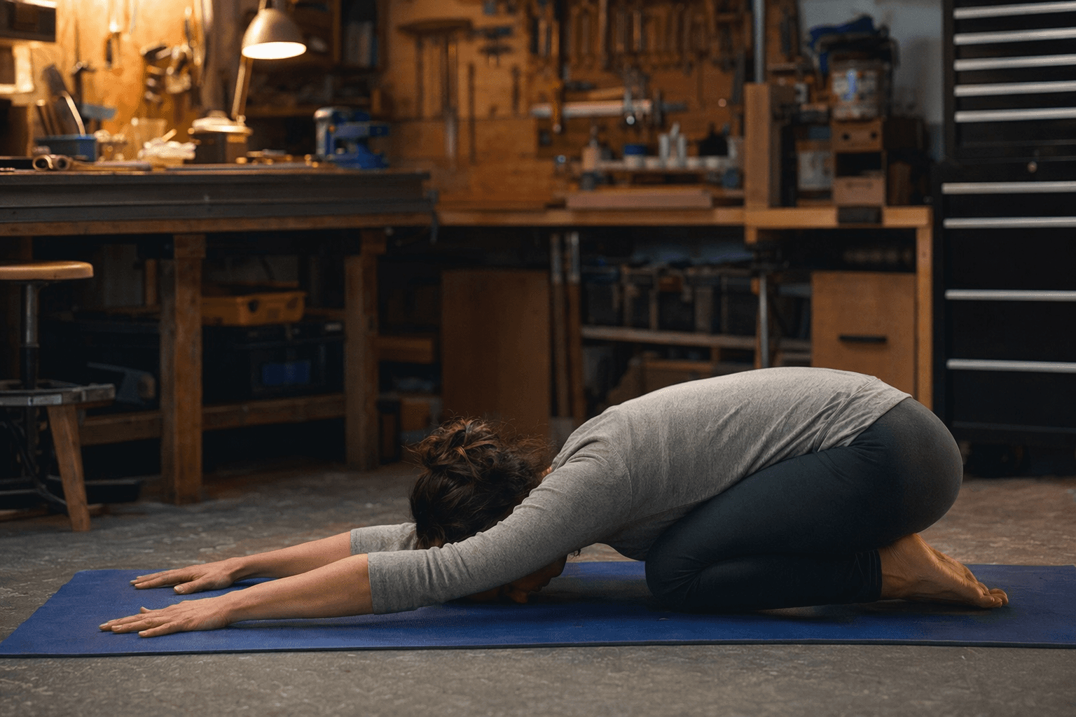 Child’s Pose eases stress, lowers cortisol, and restores calm