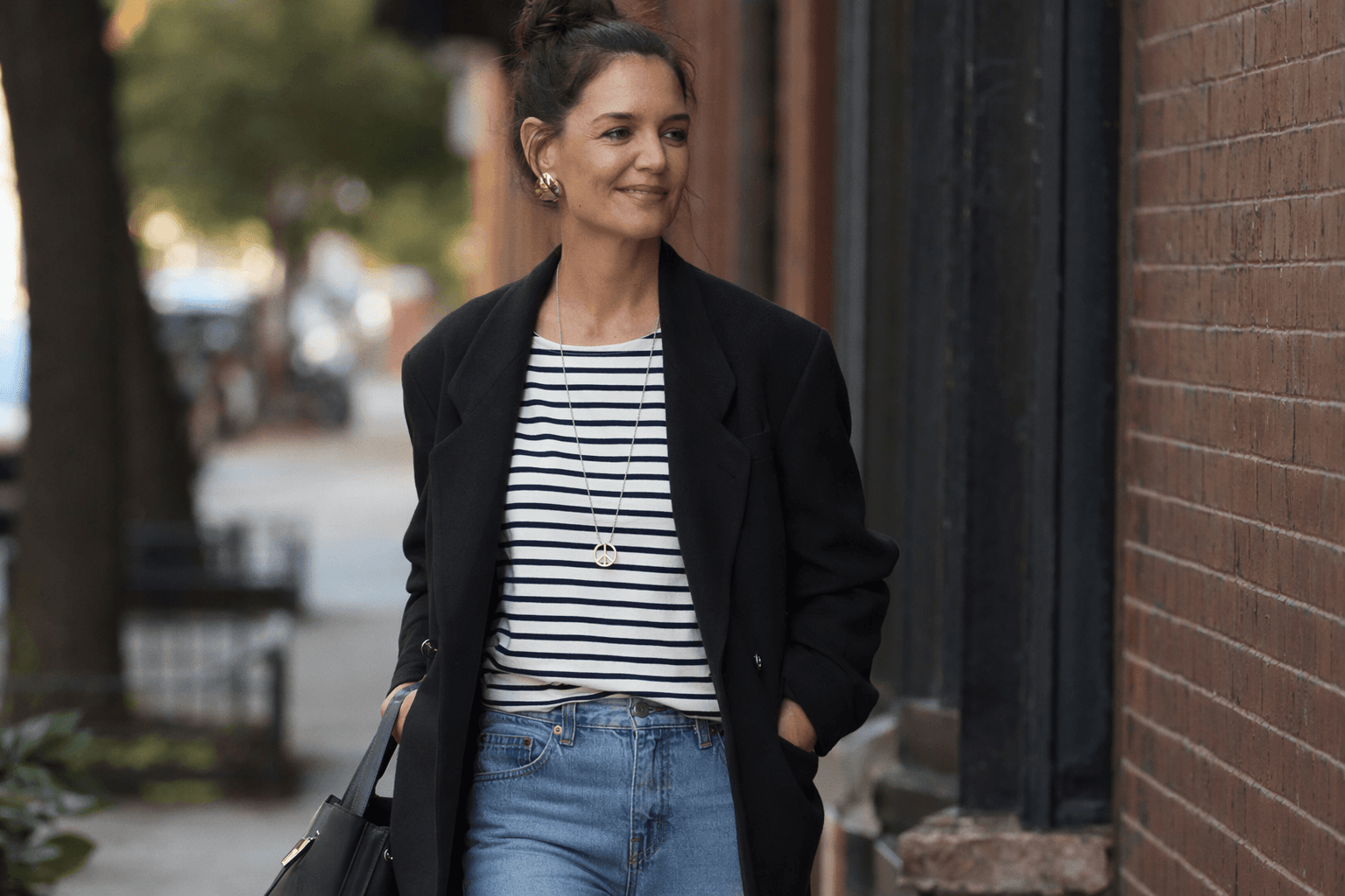 Katie Holmes Makes Casual Stripes Pop With a Peace-Sign Necklace