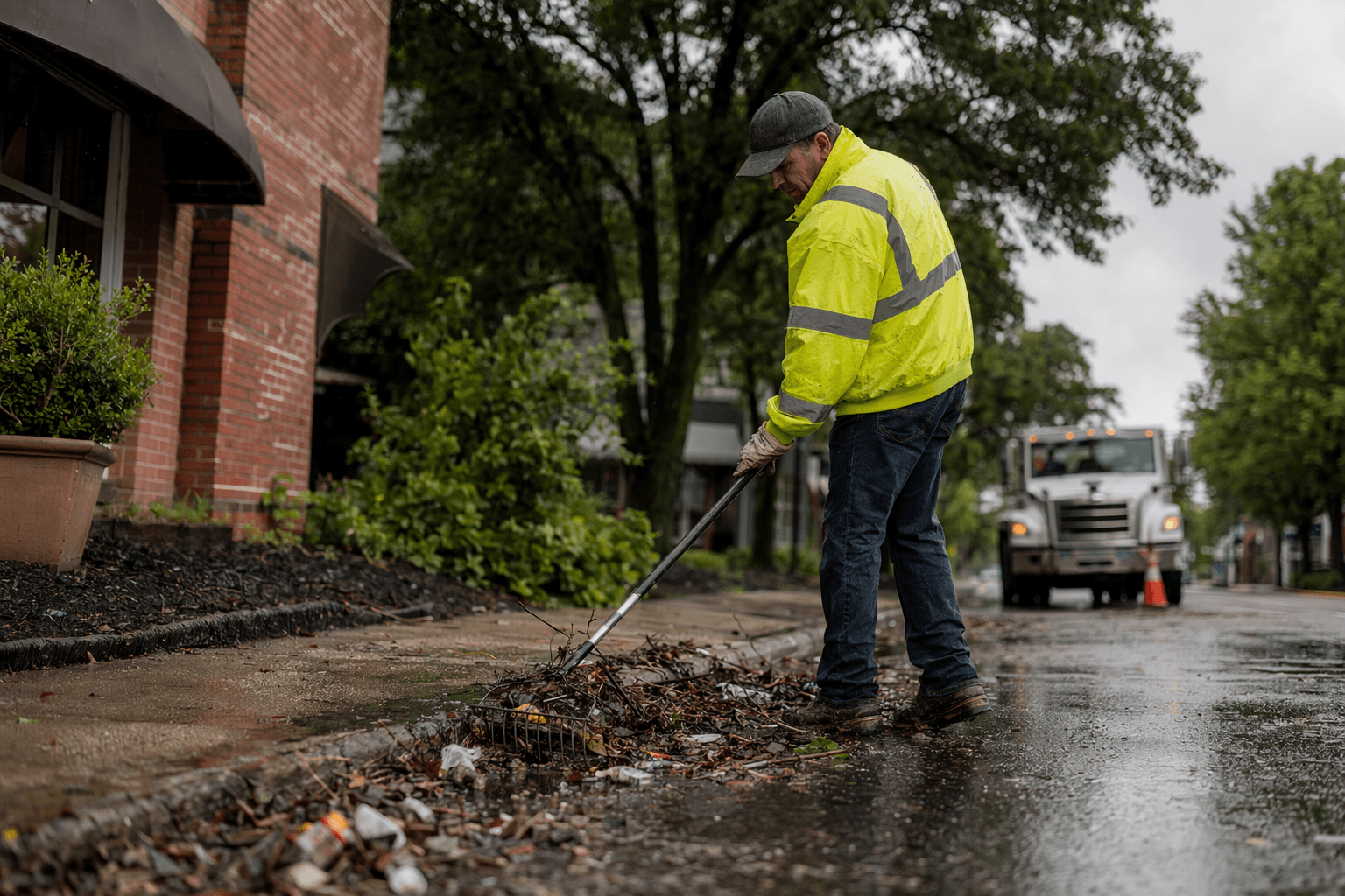 Oxford maintenance worker busy cleaning Heartbreak area after heavy rain