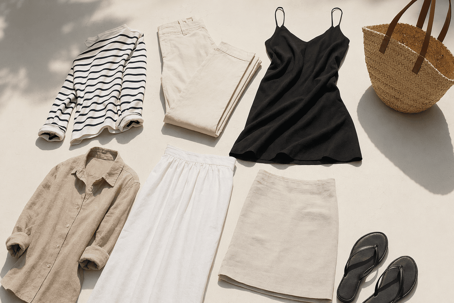 Summer 2026 capsule wardrobe basics: boatnecks, capris, slip dresses, and skirts