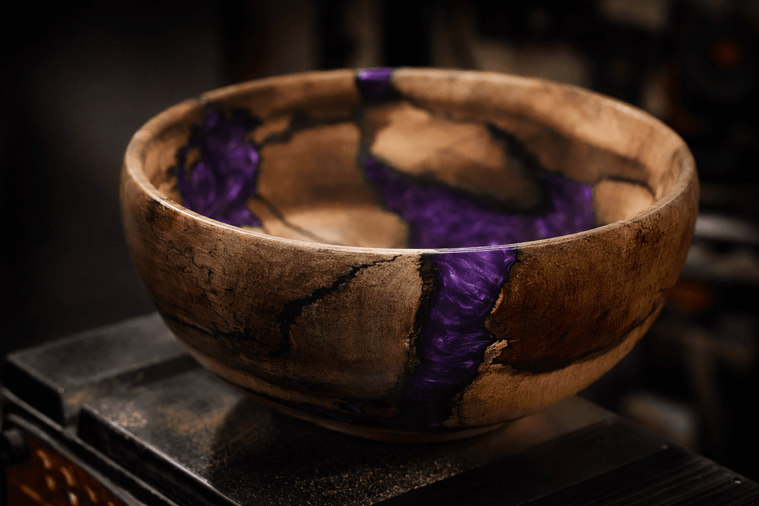 Purple Resin Turns Firewood Into a Decorative Bowl