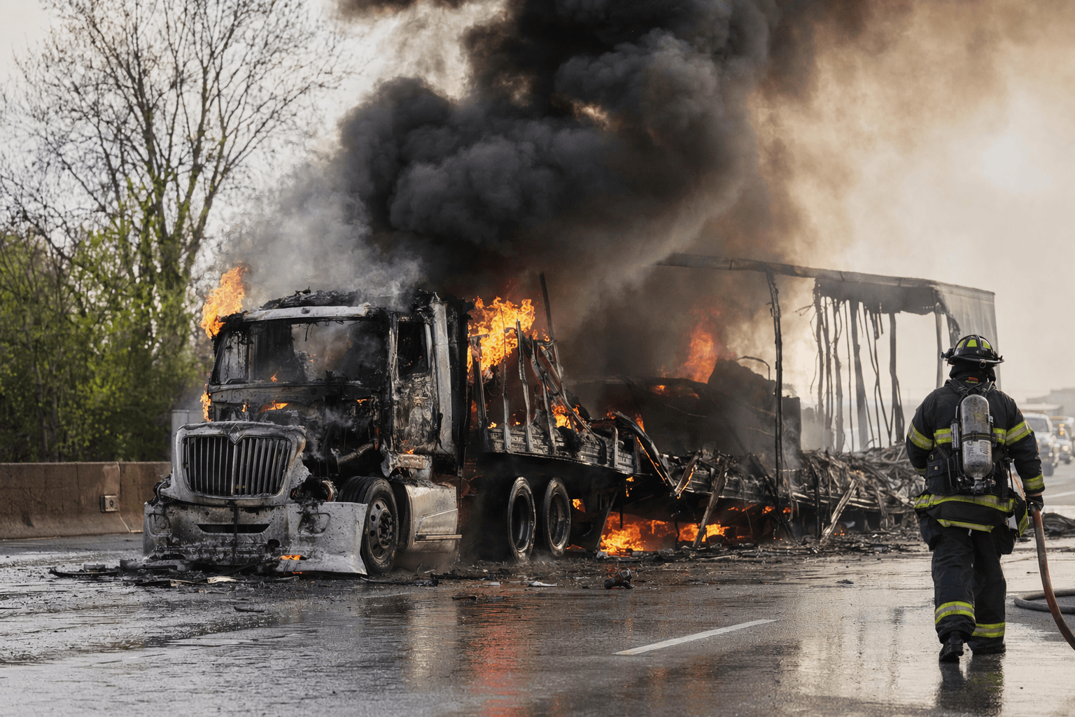 Tractor-trailer fire closes stretch of Veterans Memorial Highway in Hauppauge