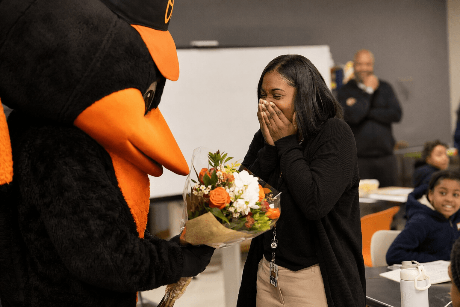 Oriole Bird surprises first-year KIPP Academy teacher for appreciation week