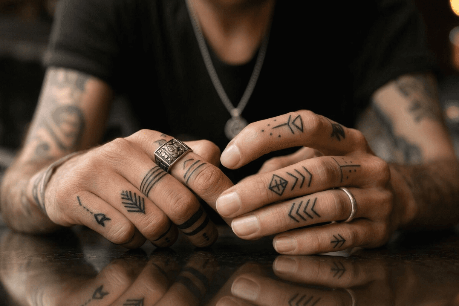 Geometric Finger Tattoos, bold blackwork designs with powerful meaning