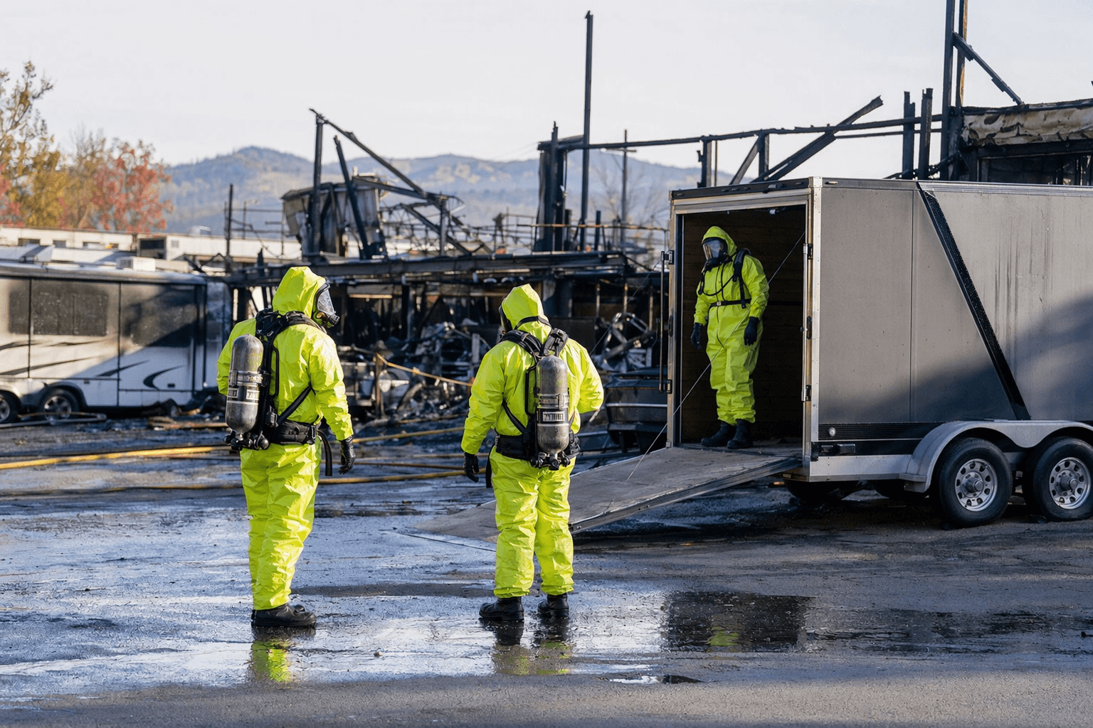 Hazmat crews investigate trailer dealership fire on Airport Road in Arden